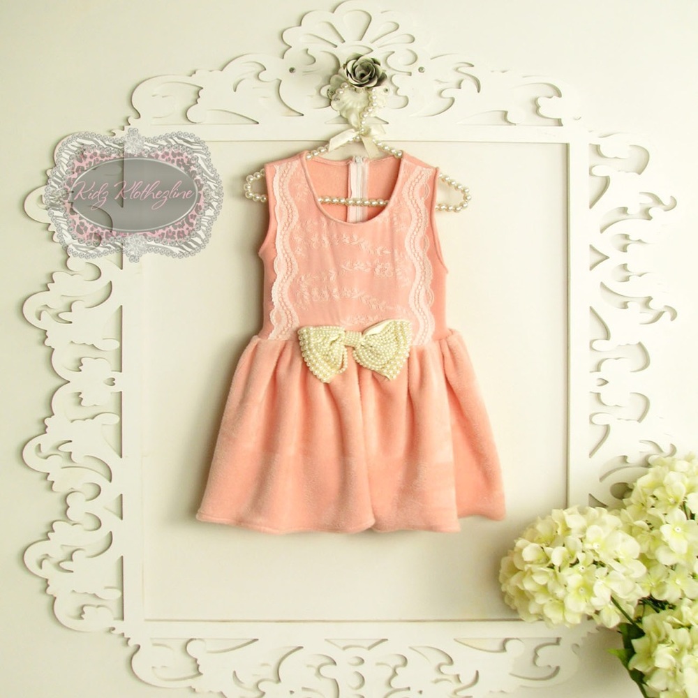 GIRLS PINK FAUX FUR LACE PEARL BOW DRESS